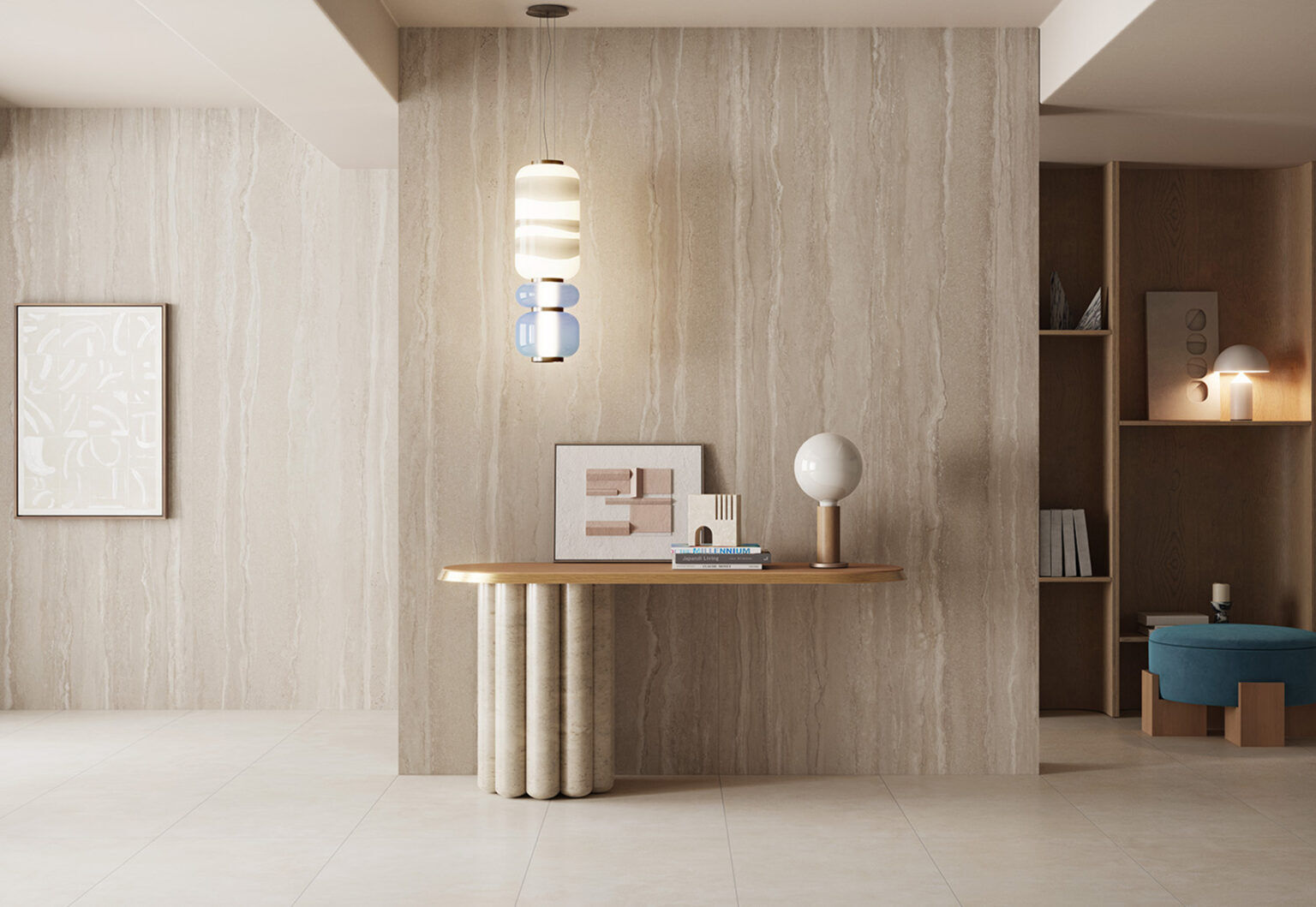 Carrelage grand format effet travertin, entrée et console