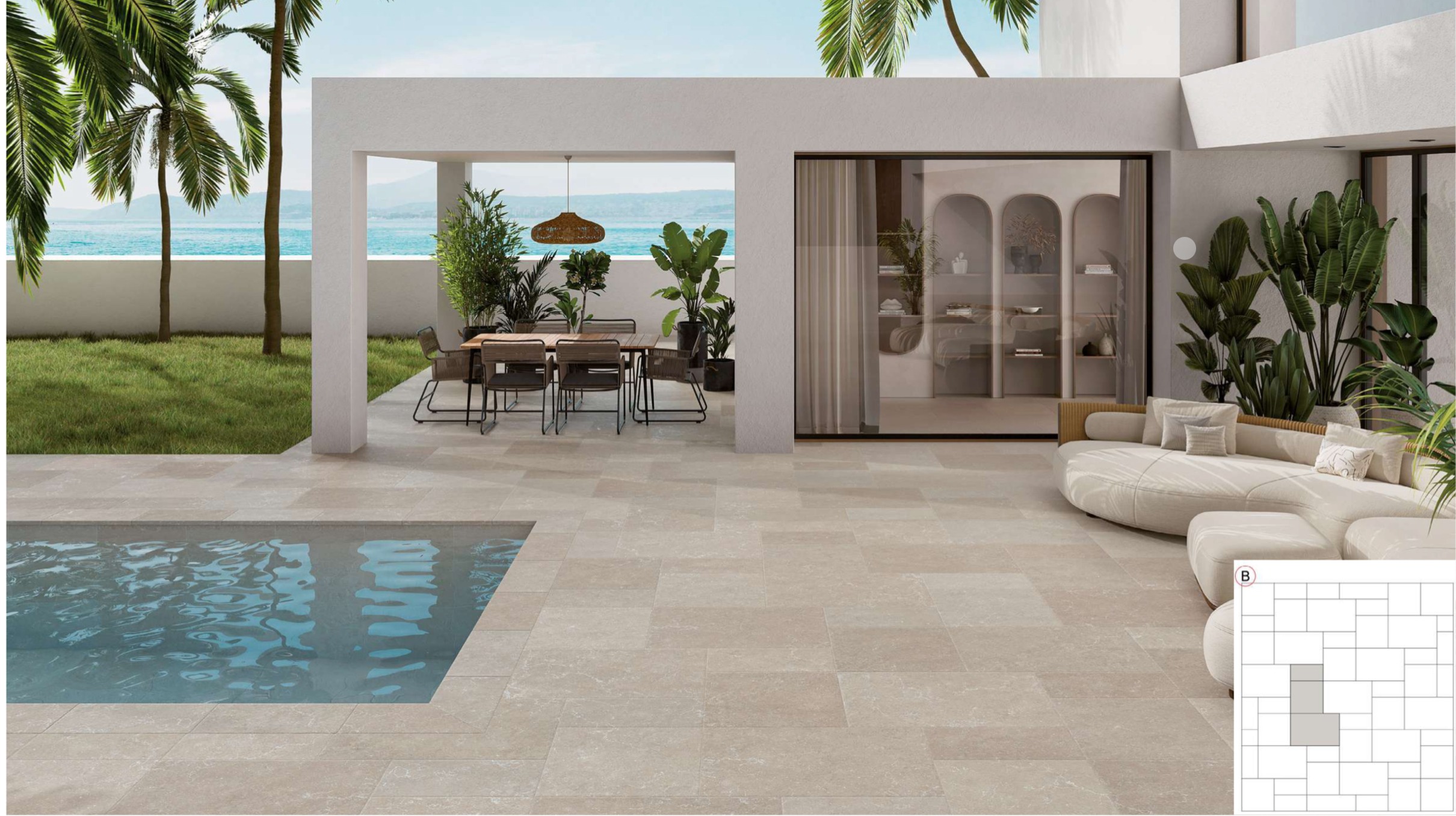 Terrasse piscine en pierre claire grand format